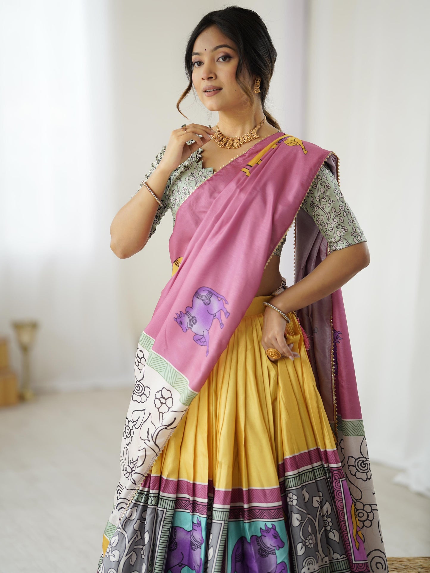 Festive Wear Yellow Kalamkari Lehenga Choli in Tussar Silk with Pink Dupatta