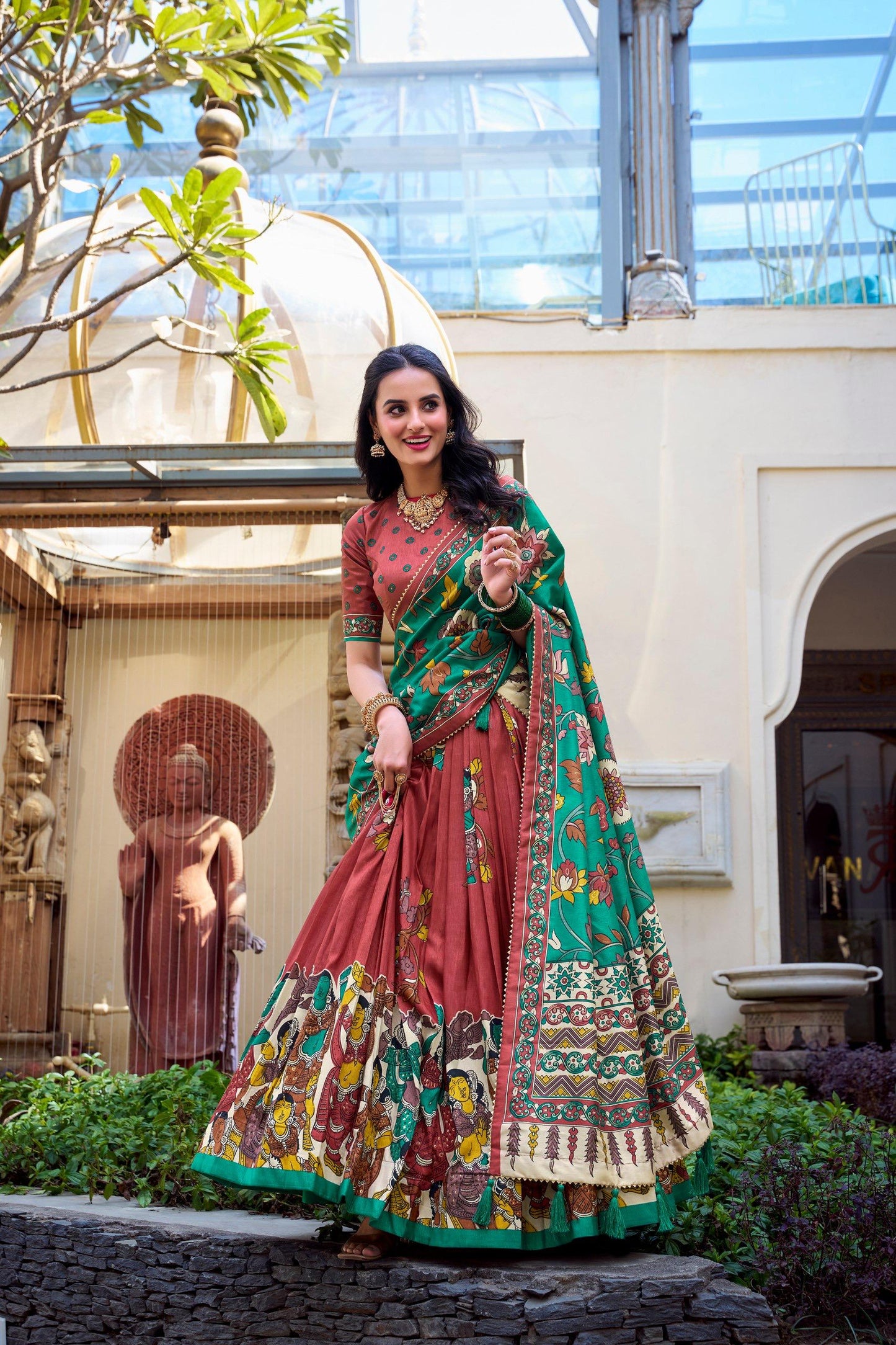 Elegant Tussar Silk Kalamkari Lehenga Choli – Copper Red Lehenga with Green Dupatta