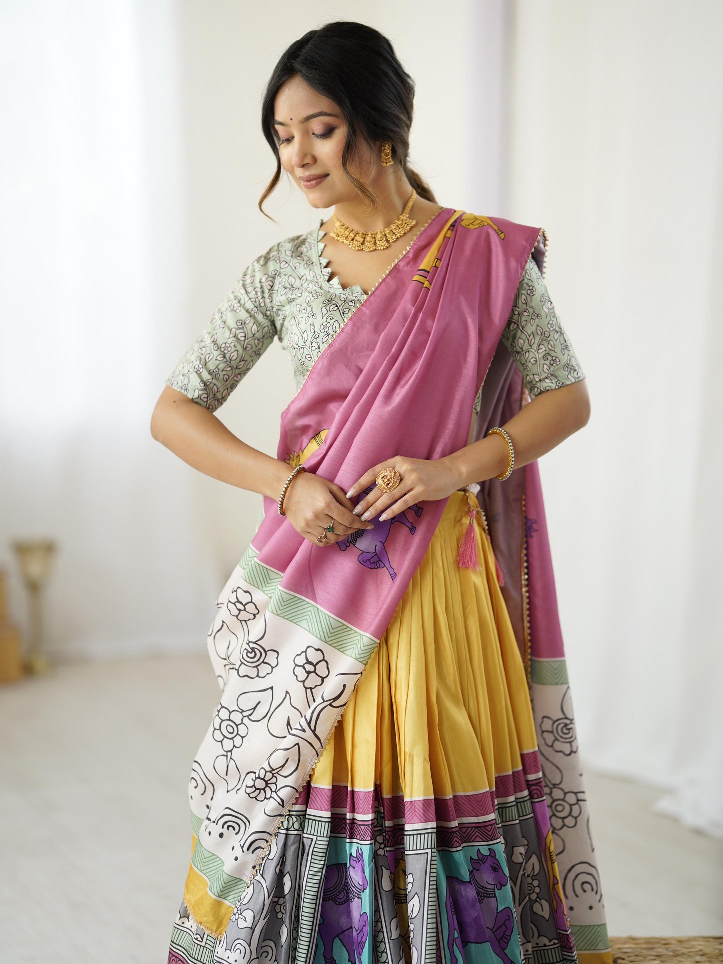 Festive Wear Yellow Kalamkari Lehenga Choli in Tussar Silk with Pink Dupatta