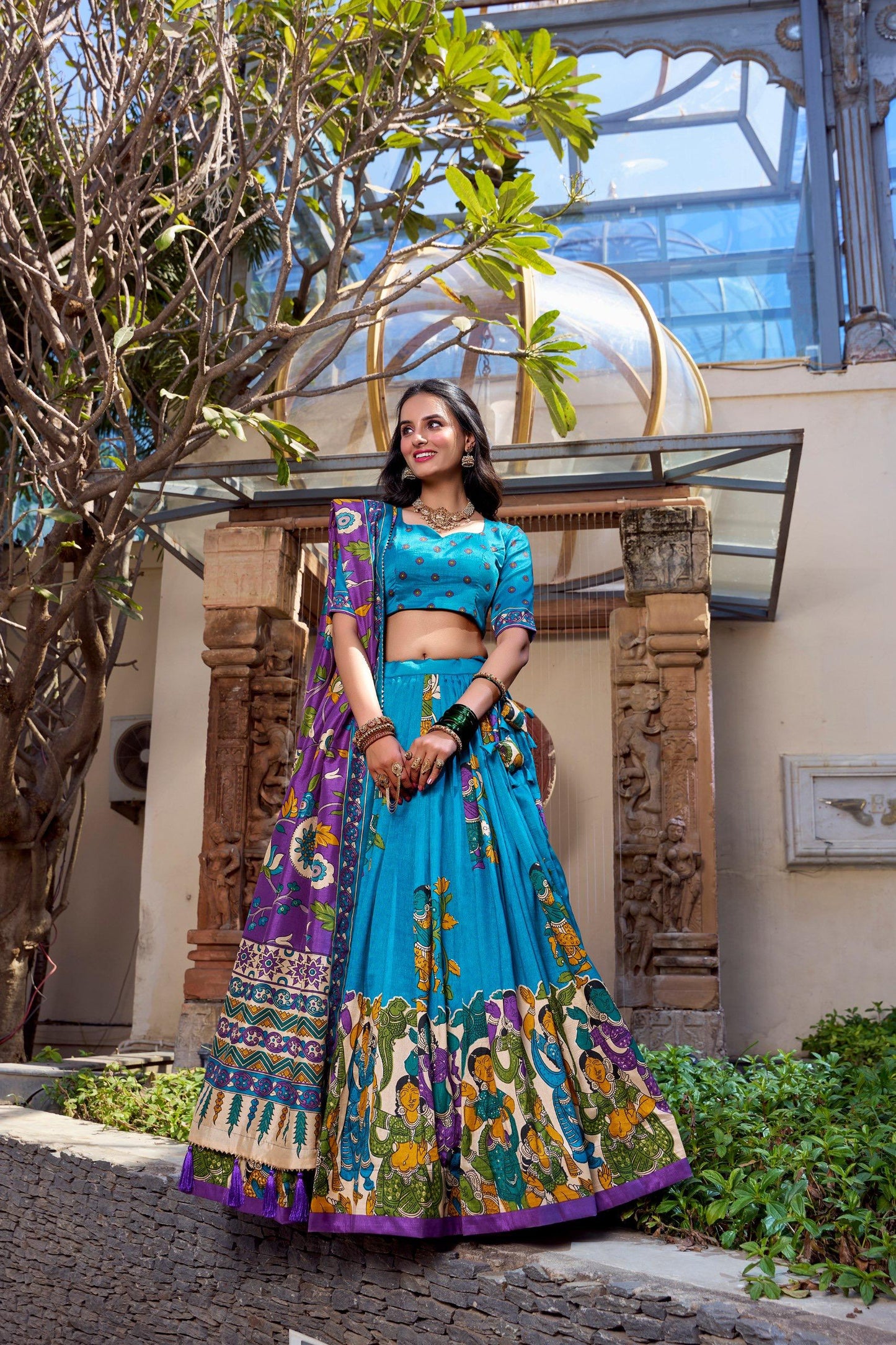 Elegant Sky Blue Kalamkari Lehenga Choli with Embroidered Blouse & Violet Dupatta