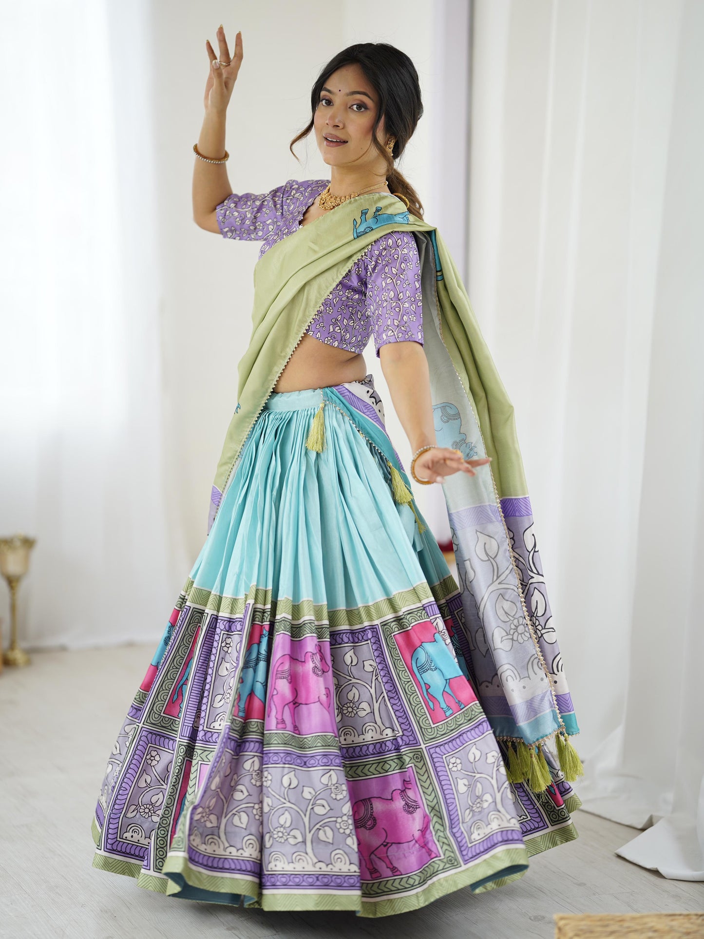 Premium Sky Blue Tussar Silk Kalamkari Lehenga Choli Set with Purple Dupatta