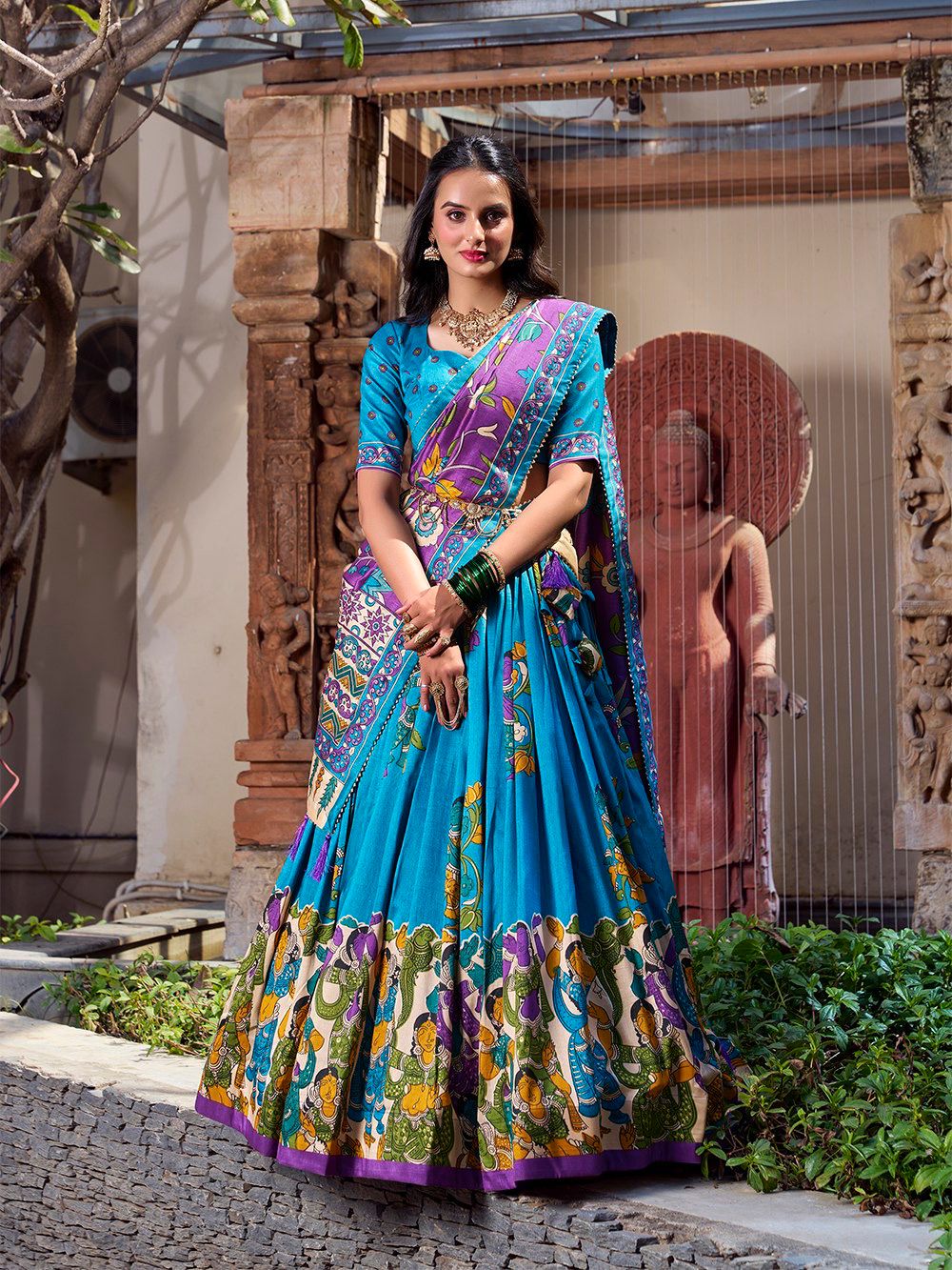 Elegant Sky Blue Kalamkari Lehenga Choli with Embroidered Blouse & Violet Dupatta