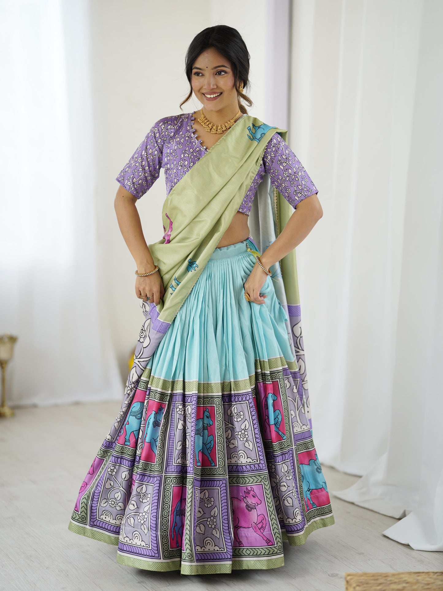 Premium Sky Blue Tussar Silk Kalamkari Lehenga Choli Set with Purple Dupatta