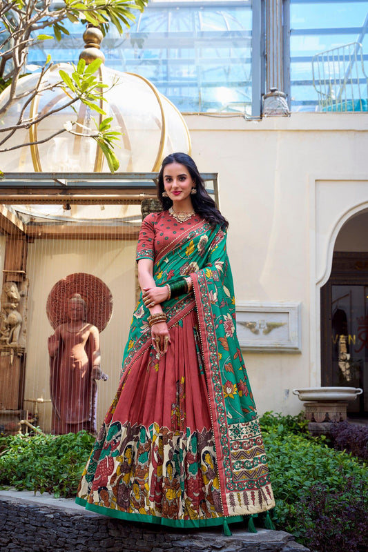 Elegant Tussar Silk Kalamkari Lehenga Choli – Copper Red Lehenga with Green Dupatta