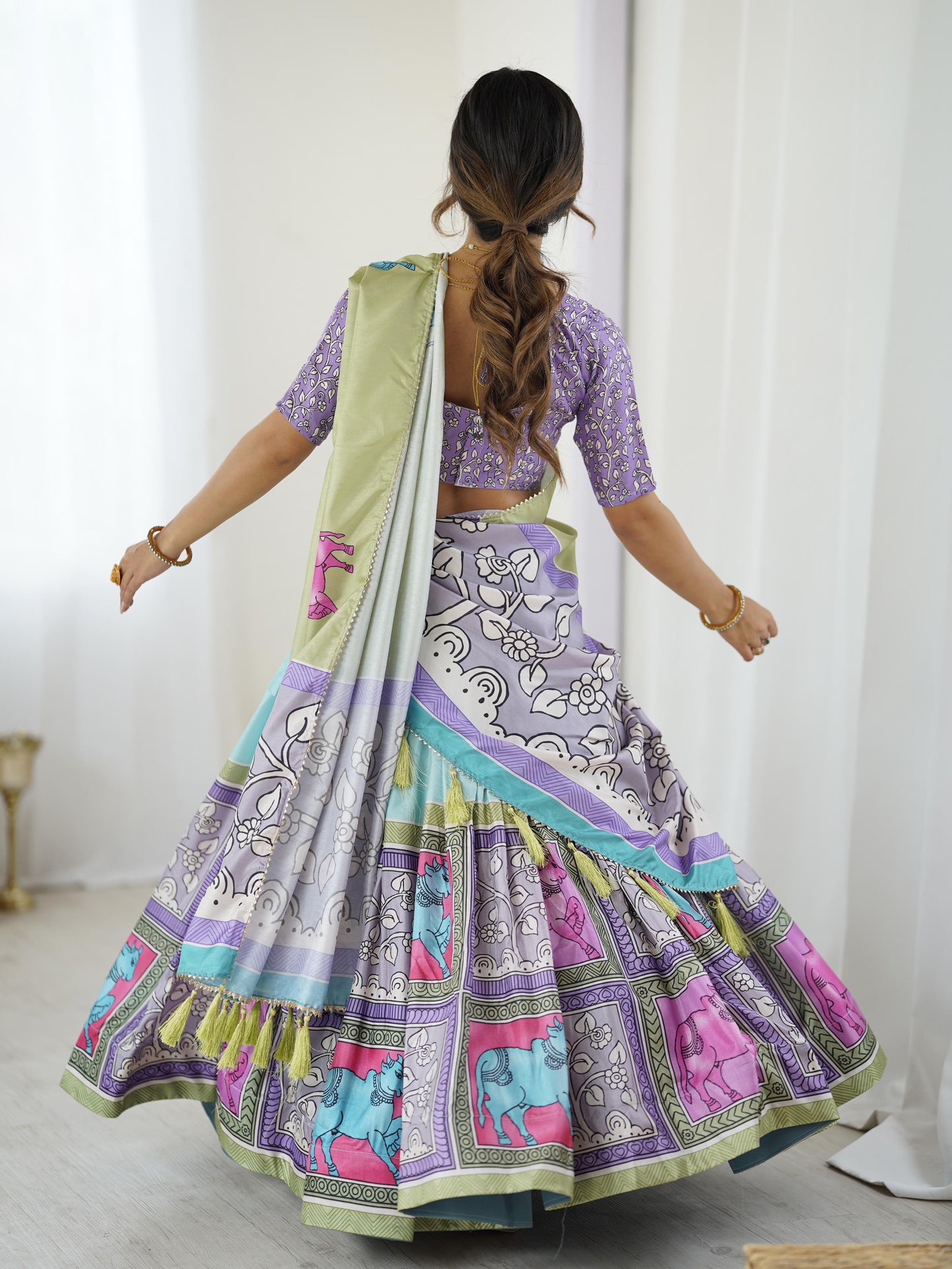 Premium Sky Blue Tussar Silk Kalamkari Lehenga Choli Set with Purple Dupatta