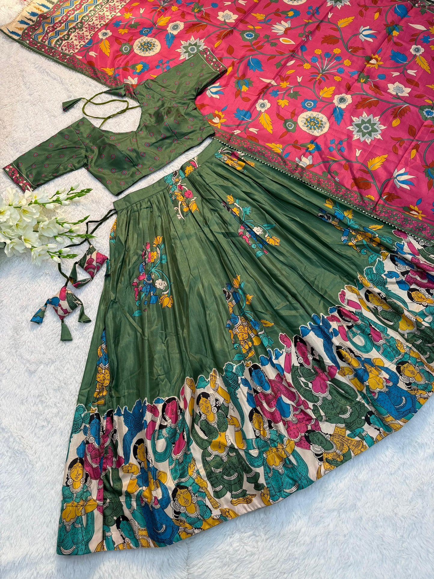 Traditional Kalamkari Lehenga Choli in Tussar Silk – Green Lehenga & Pink Dupatta