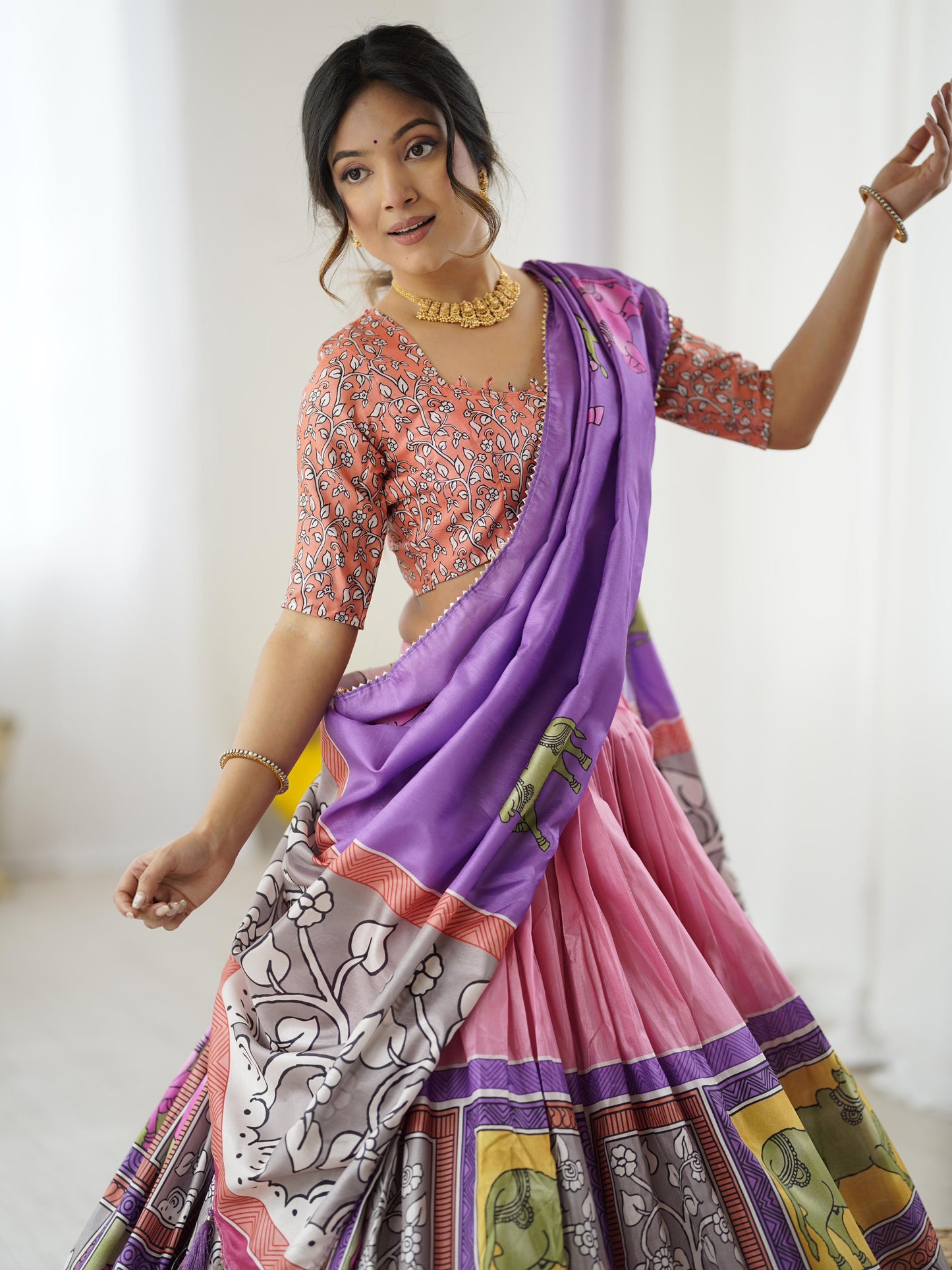 Elegant Light Pink Tussar Silk Kalamkari Lehenga Choli Set with Purple Dupatta & Lace Border