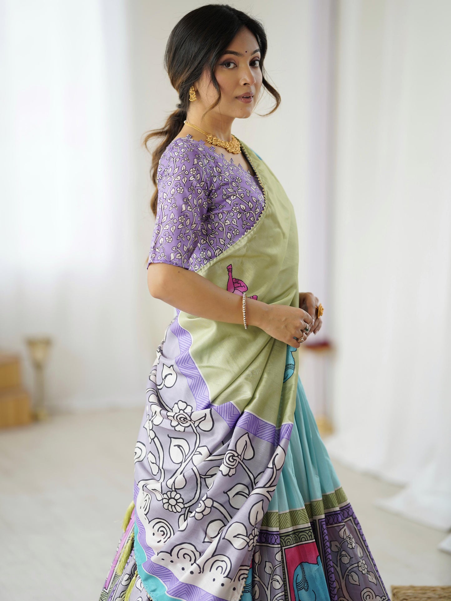 Premium Sky Blue Tussar Silk Kalamkari Lehenga Choli Set with Purple Dupatta