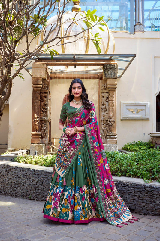 Traditional Kalamkari Lehenga Choli in Tussar Silk – Green Lehenga & Pink Dupatta