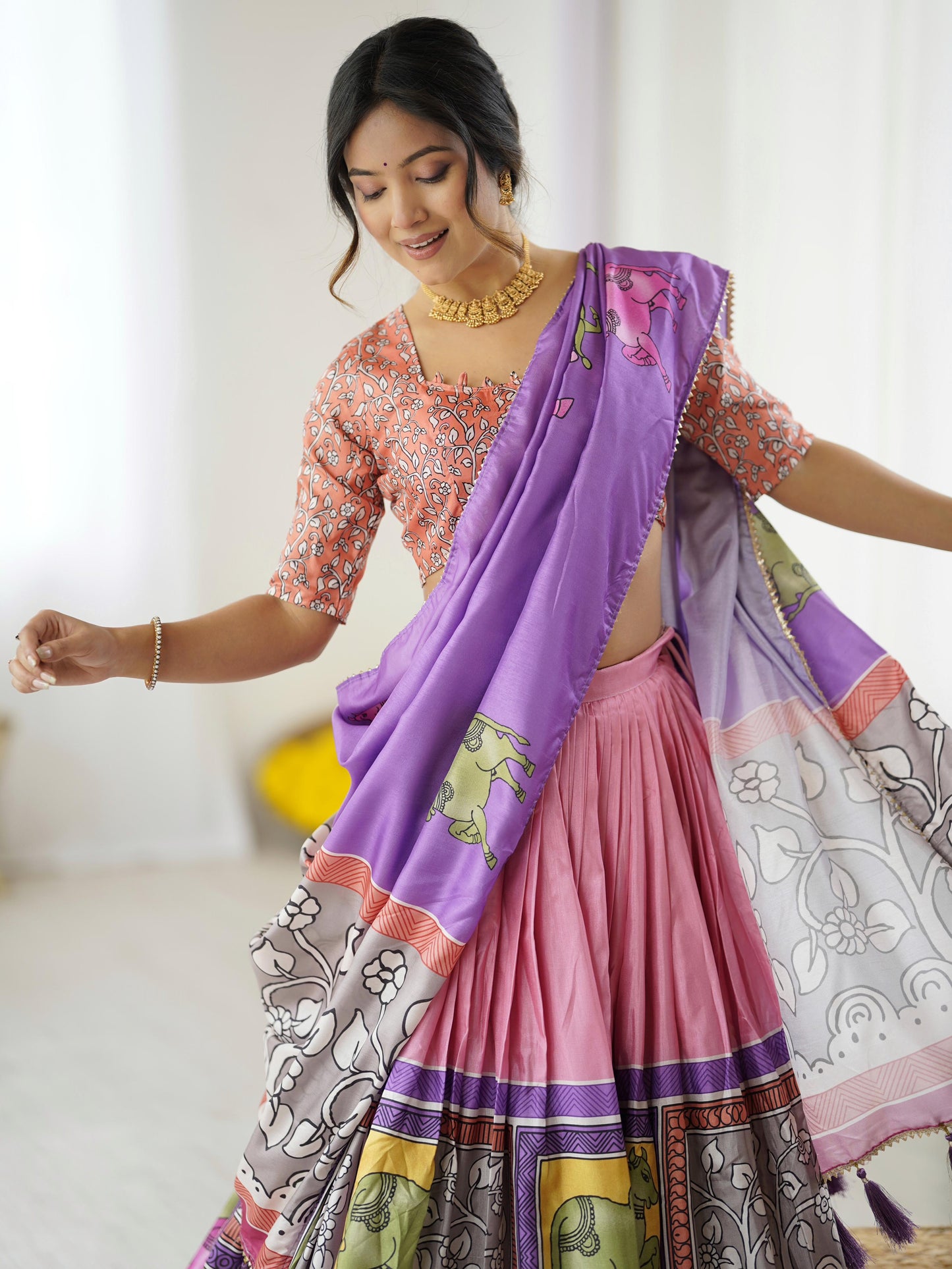 Elegant Light Pink Tussar Silk Kalamkari Lehenga Choli Set with Purple Dupatta & Lace Border