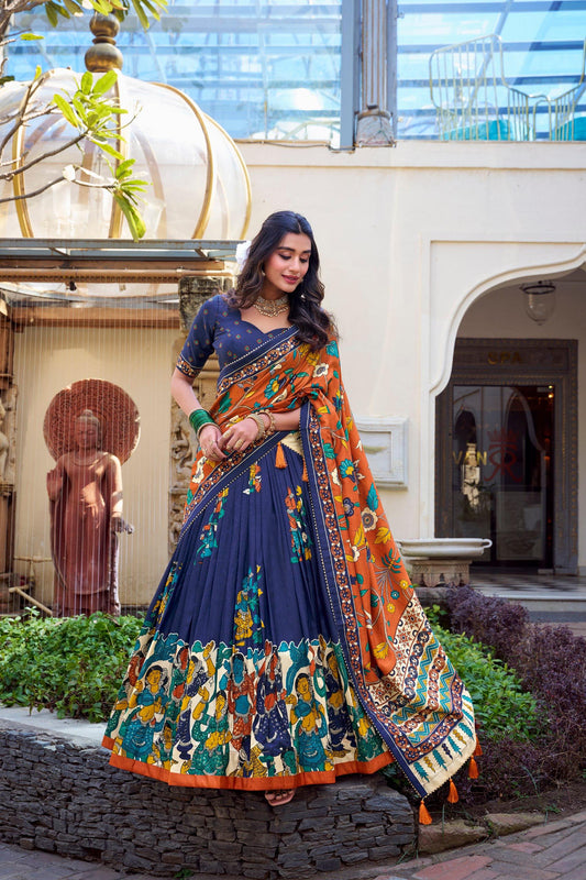 Traditional Tussar Silk Kalamkari Lehenga Choli Set in Royal Blue with Orange Dupatta