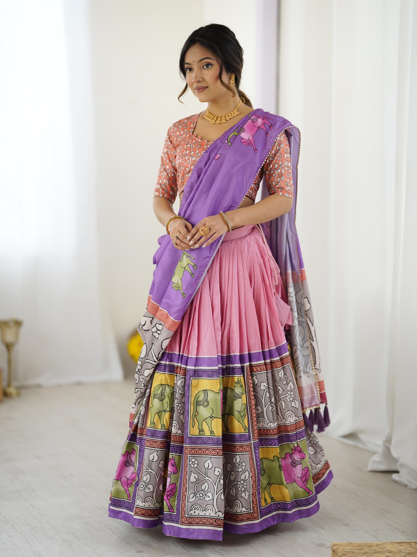 Elegant Light Pink Tussar Silk Kalamkari Lehenga Choli Set with Purple Dupatta & Lace Border