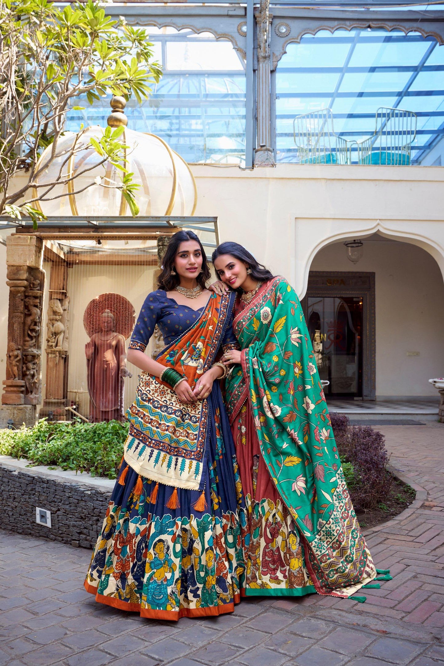 Traditional Tussar Silk Kalamkari Lehenga Choli Set in Royal Blue with Orange Dupatta
