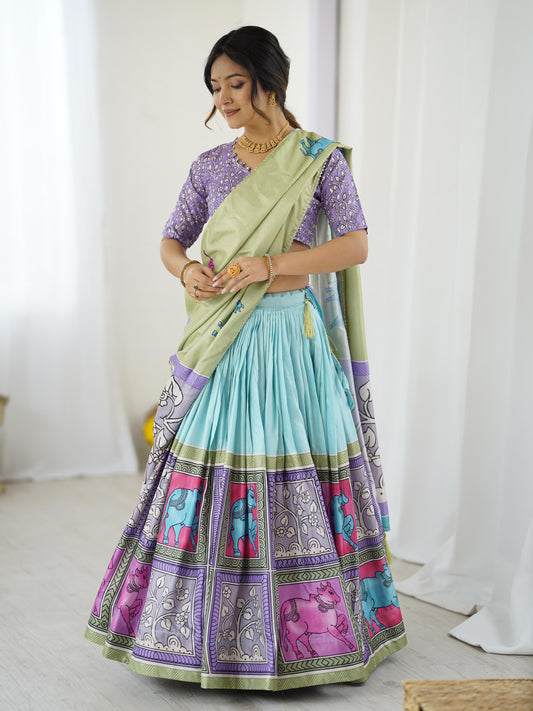 Premium Sky Blue Tussar Silk Kalamkari Lehenga Choli Set with Purple Dupatta
