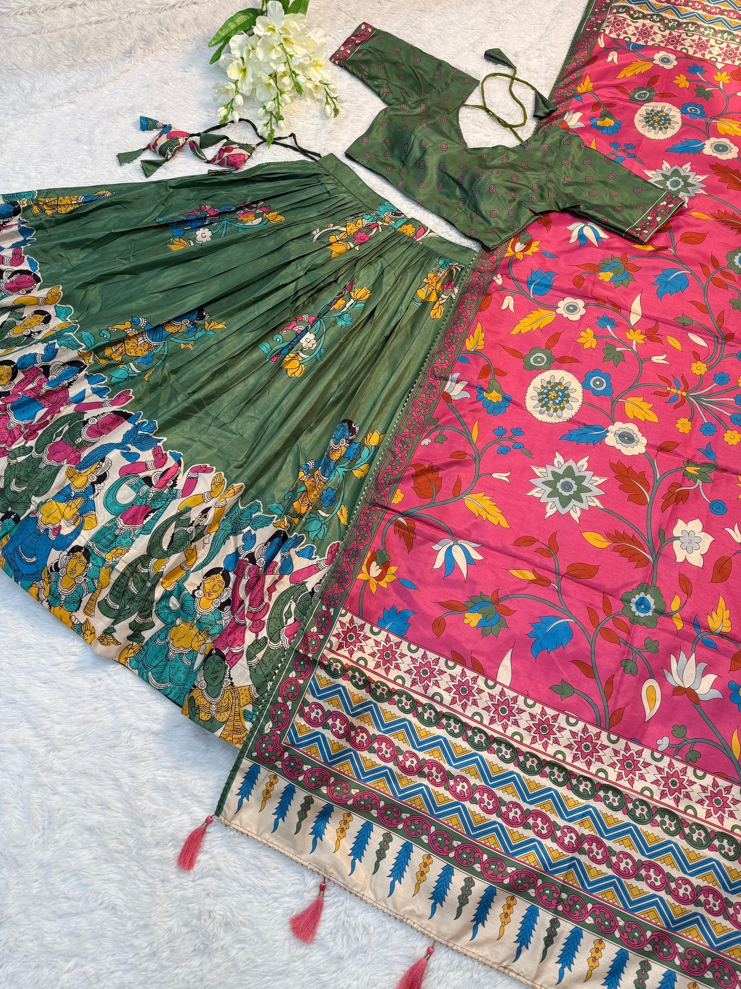 Traditional Kalamkari Lehenga Choli in Tussar Silk – Green Lehenga & Pink Dupatta