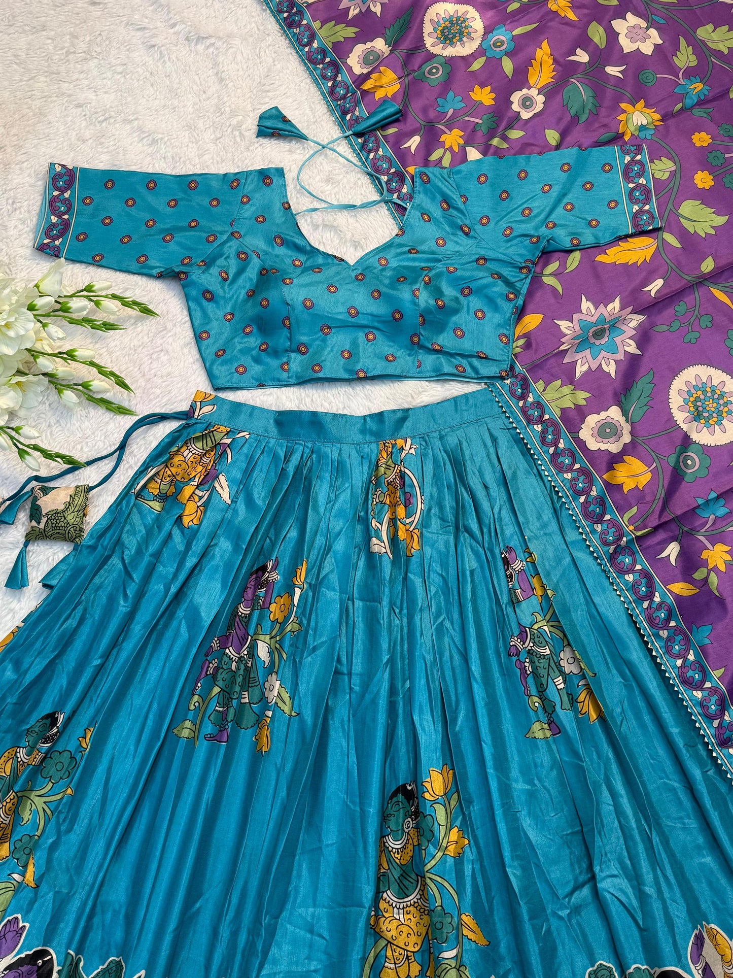 Elegant Sky Blue Kalamkari Lehenga Choli with Embroidered Blouse & Violet Dupatta