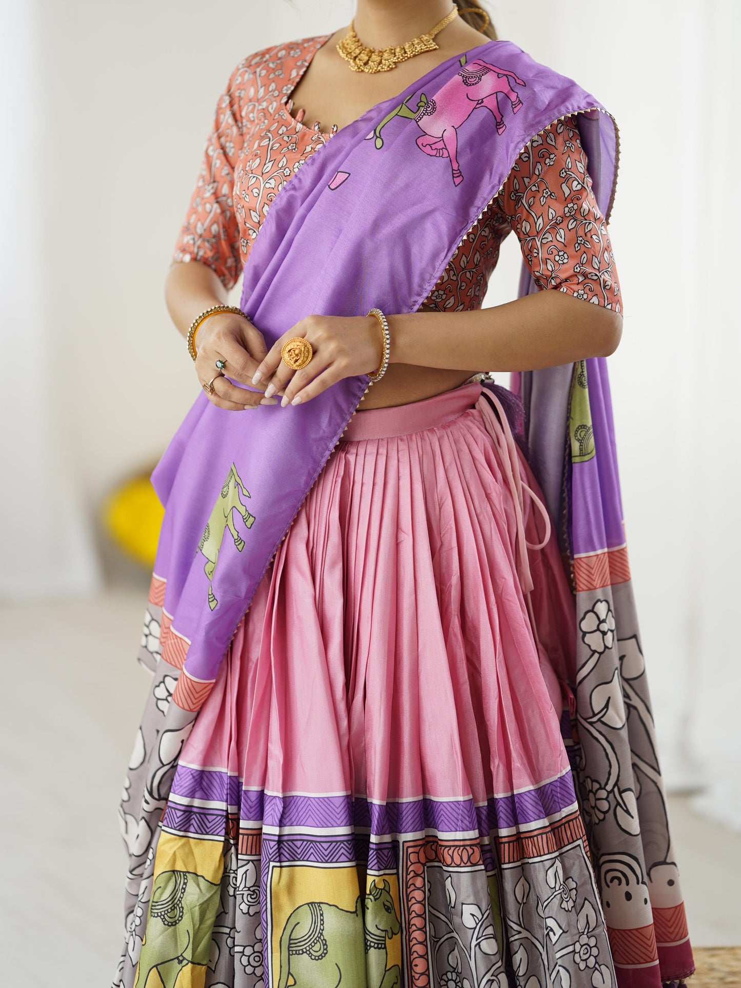 Elegant Light Pink Tussar Silk Kalamkari Lehenga Choli Set with Purple Dupatta & Lace Border