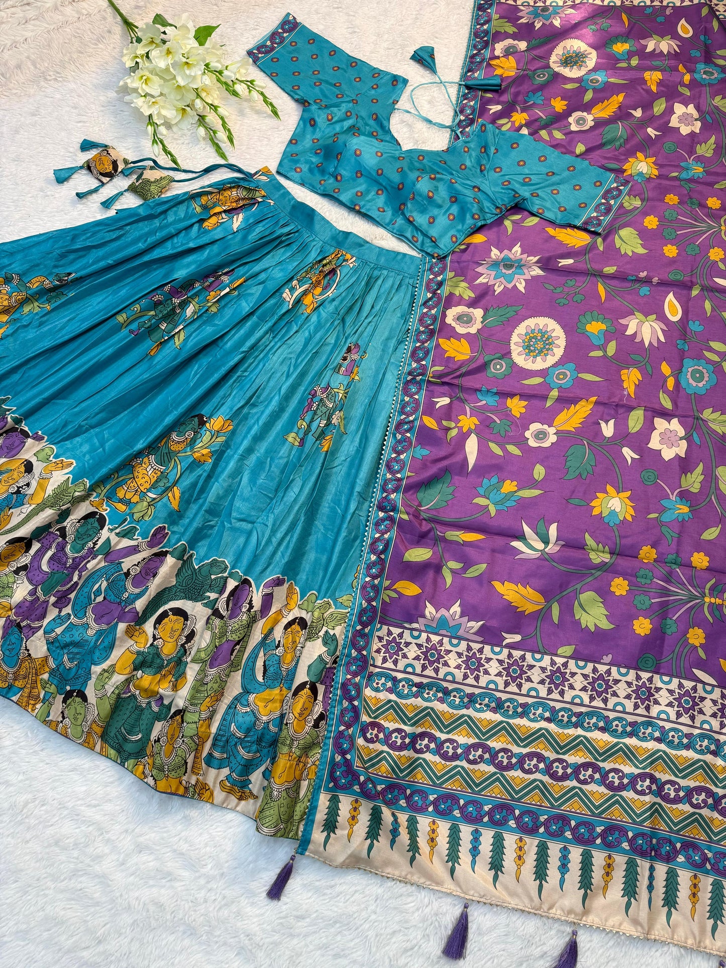 Elegant Sky Blue Kalamkari Lehenga Choli with Embroidered Blouse & Violet Dupatta