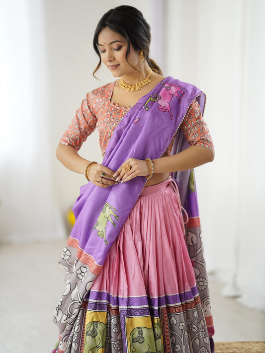 Elegant Light Pink Tussar Silk Kalamkari Lehenga Choli Set with Purple Dupatta & Lace Border
