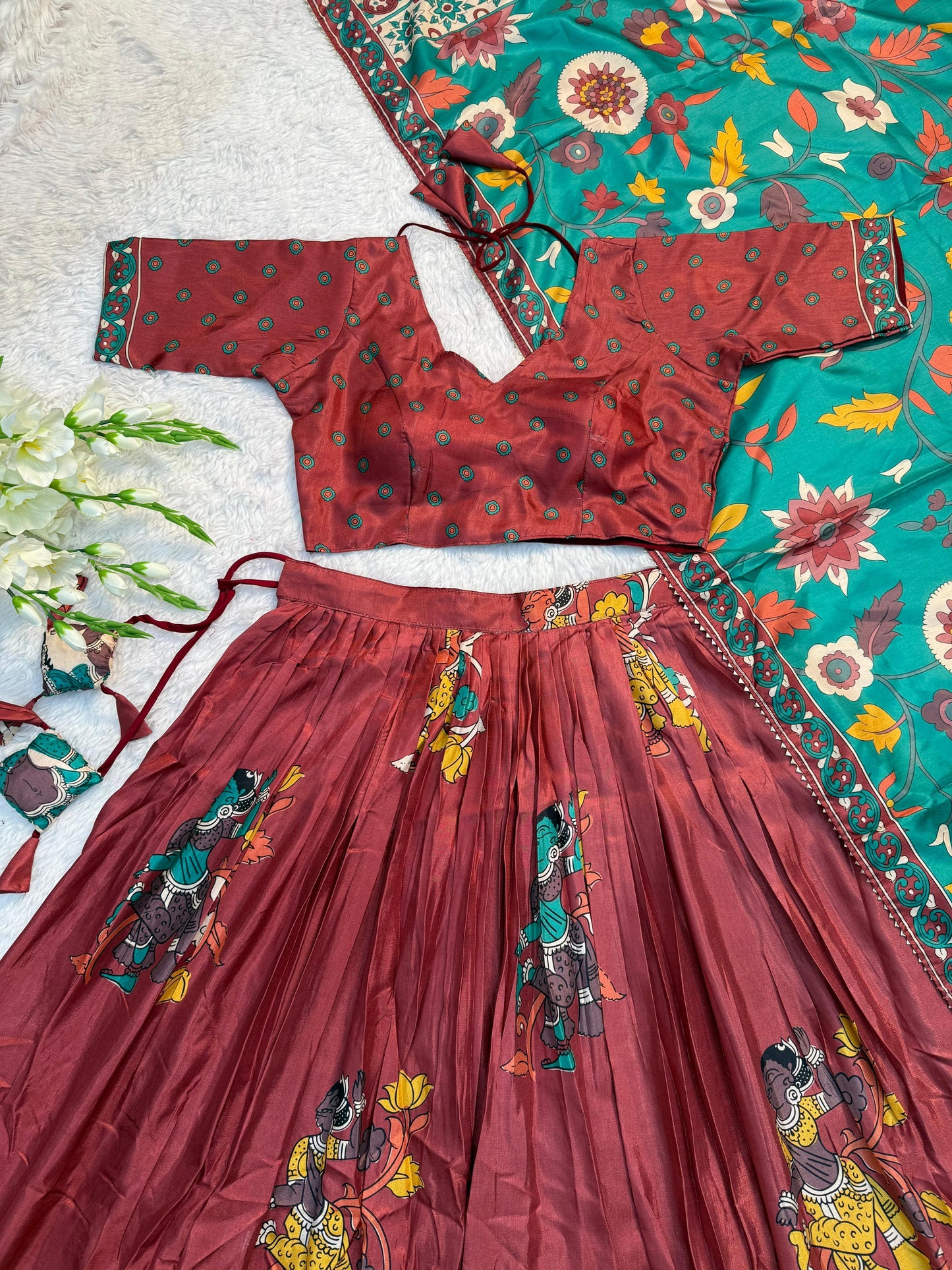 Elegant Tussar Silk Kalamkari Lehenga Choli – Copper Red Lehenga with Green Dupatta
