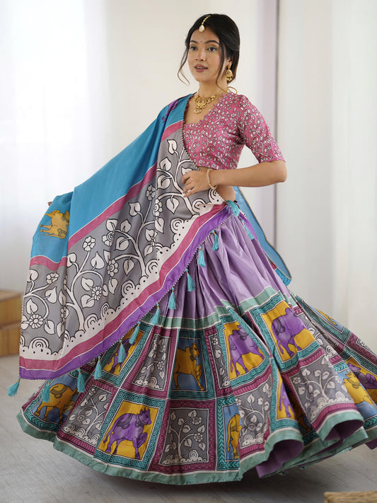 Premium Ethnic Purple Kalamkari Tussar Silk Lehenga Choli Set with Sky Blue Dupatta