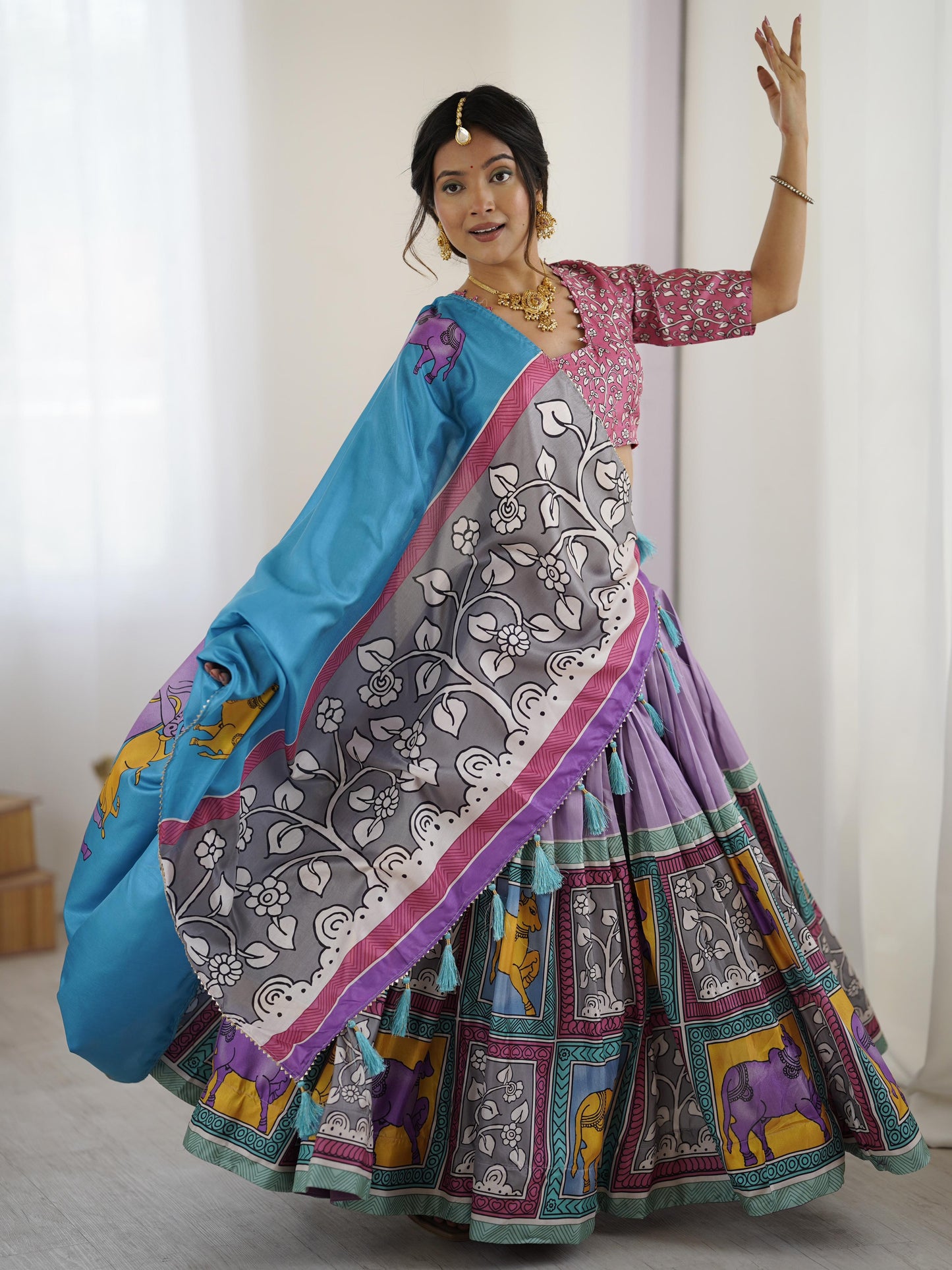 Premium Ethnic Purple Kalamkari Tussar Silk Lehenga Choli Set with Sky Blue Dupatta