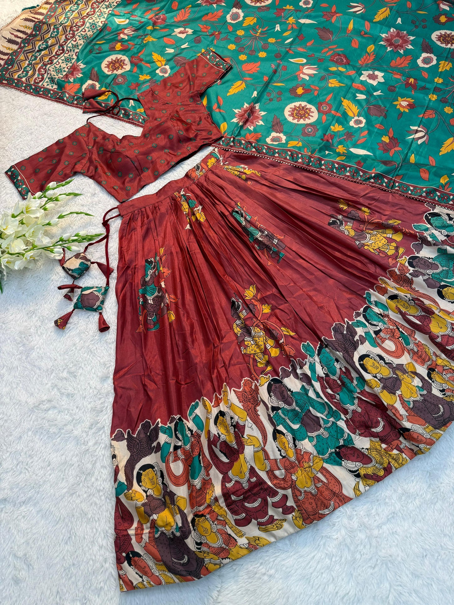 Elegant Tussar Silk Kalamkari Lehenga Choli – Copper Red Lehenga with Green Dupatta