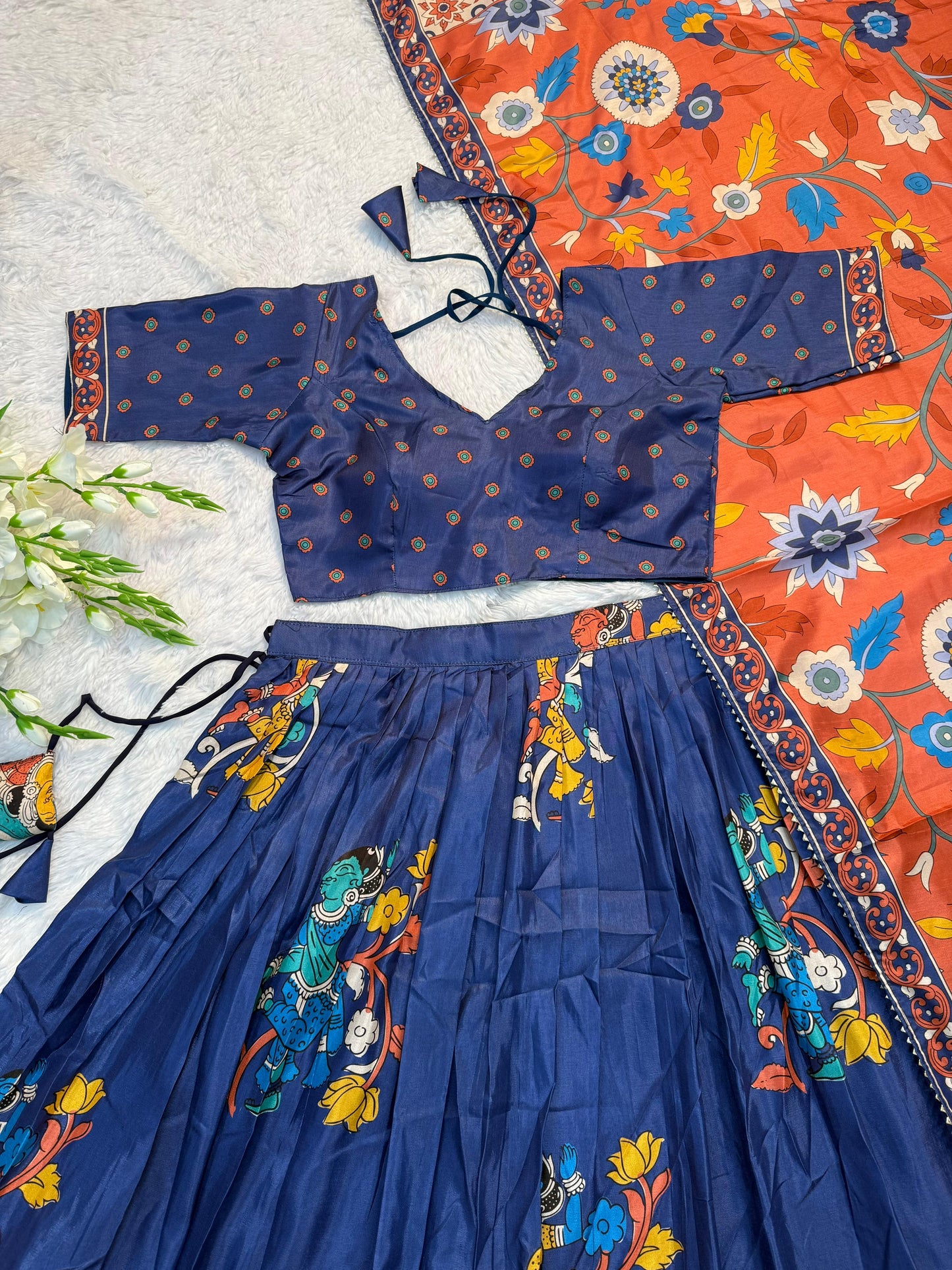 Traditional Tussar Silk Kalamkari Lehenga Choli Set in Royal Blue with Orange Dupatta