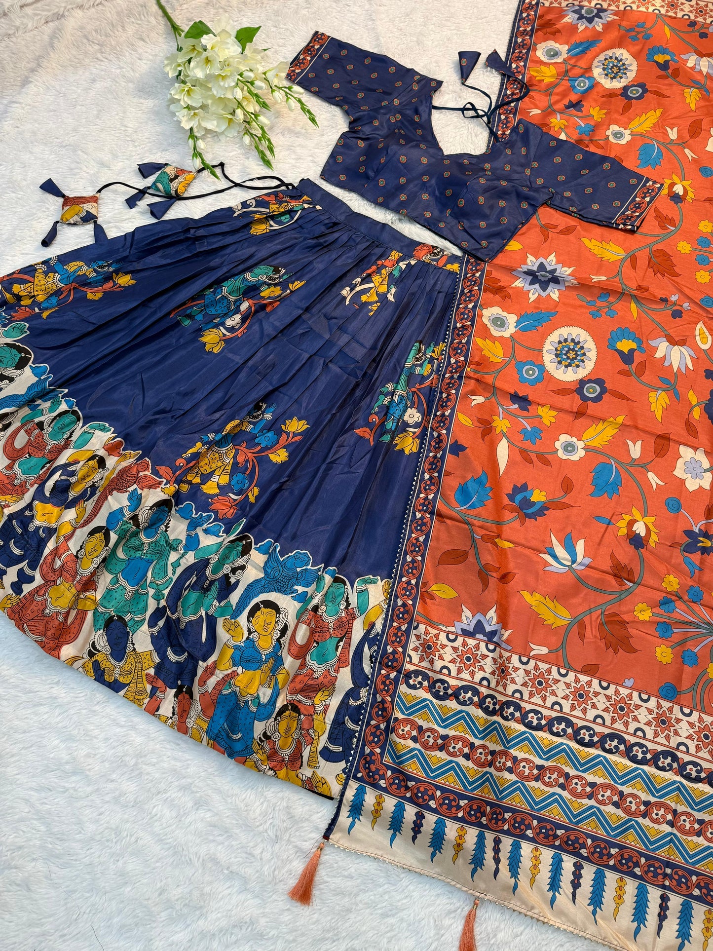 Traditional Tussar Silk Kalamkari Lehenga Choli Set in Royal Blue with Orange Dupatta