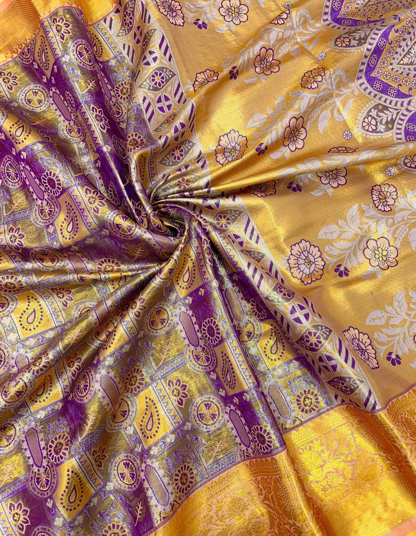 Luxury Mustard & Purple Kanjivaram Silk Saree with Rich Brocade Blouse