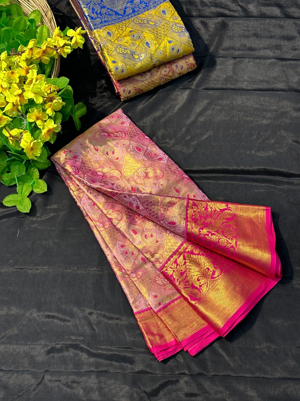 Rose Pink & Magenta Kanjivaram Silk Saree with Gold Zari