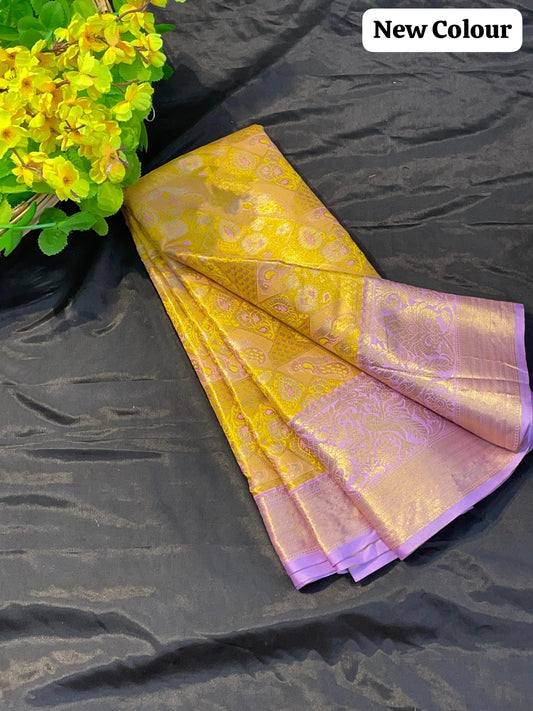 Bridal Elegance Yellow & Lavender Kanjivaram Silk Saree  with Brocade Blouse