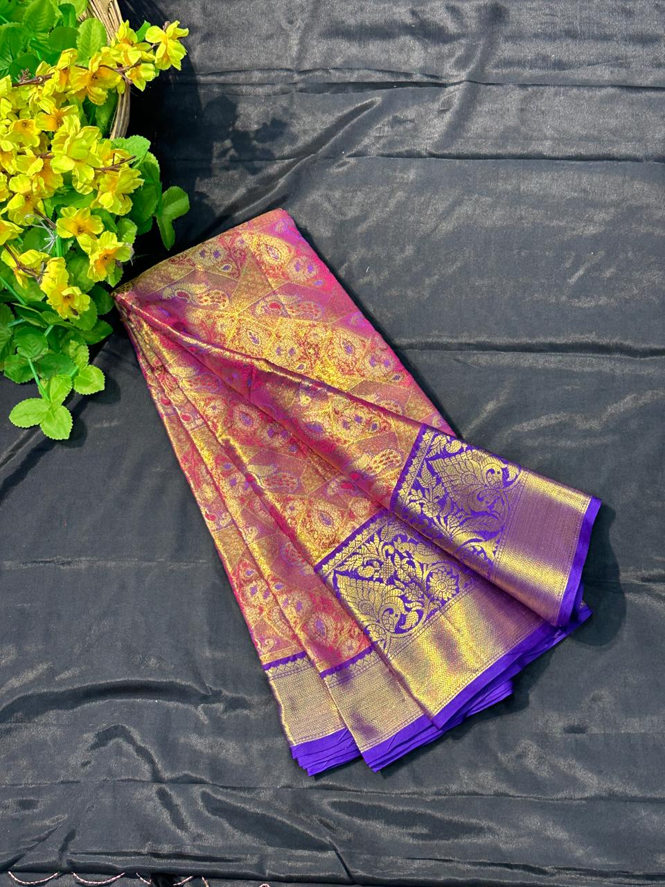 Luxury Wine Purple & Gold Kanjivaram Silk Saree with Brocade Blouse