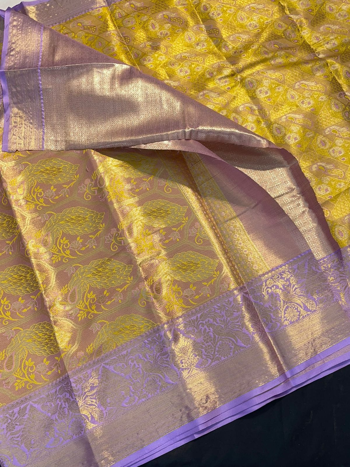 Bridal Elegance Yellow & Lavender Kanjivaram Silk Saree  with Brocade Blouse