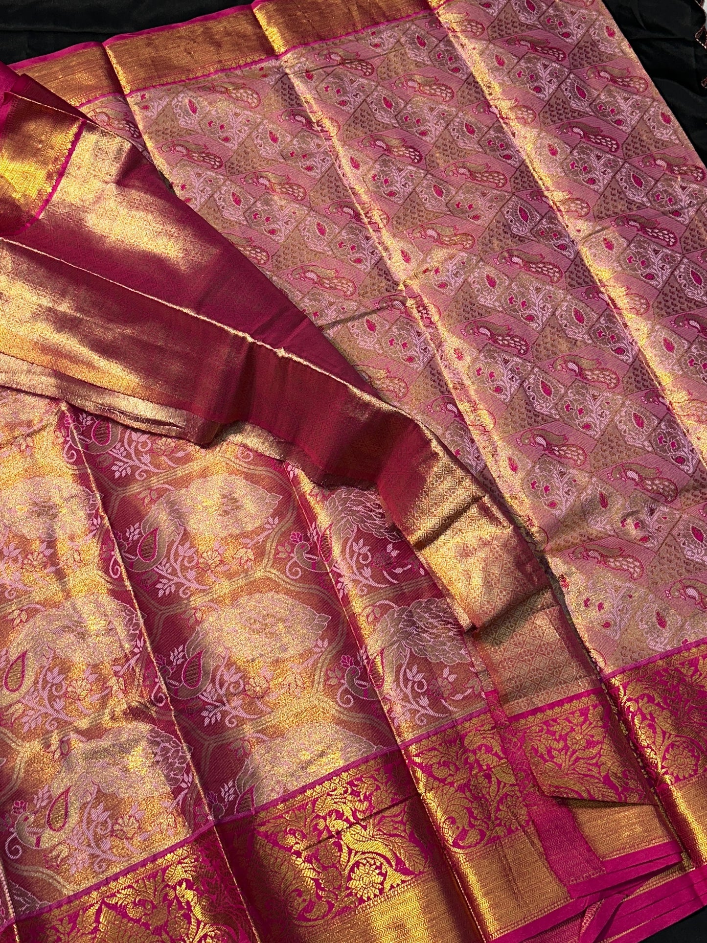 Rose Pink & Magenta Kanjivaram Silk Saree with Gold Zari