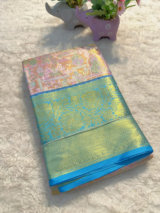 Bridal Charm Unveiled Peach Kanjivaram Silk Saree with Royal Blue Border & Brocade Blouse