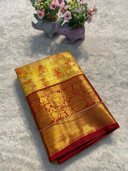 Temple Yellow Kanjivaram Silk Saree with Red Zari Border & Brocade Blouse