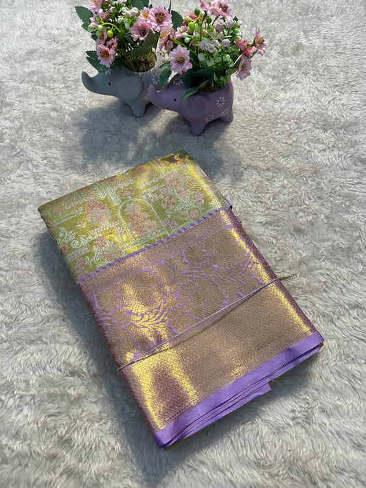 Pista Green Kanjivaram Silk Saree with Lavender Zari Border & Brocade Blouse