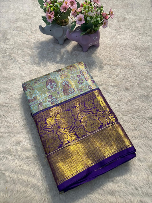 Elegant Bridal Edition Sky Blue Kanjivaram Silk Saree with Dark Blue Border & Brocade Blouse