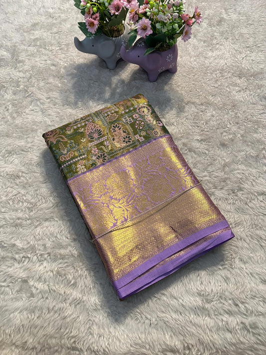 Timeless Bridal Charm Dark Green Kanjivaram Silk Saree with Lavender Border & Brocade Blouse