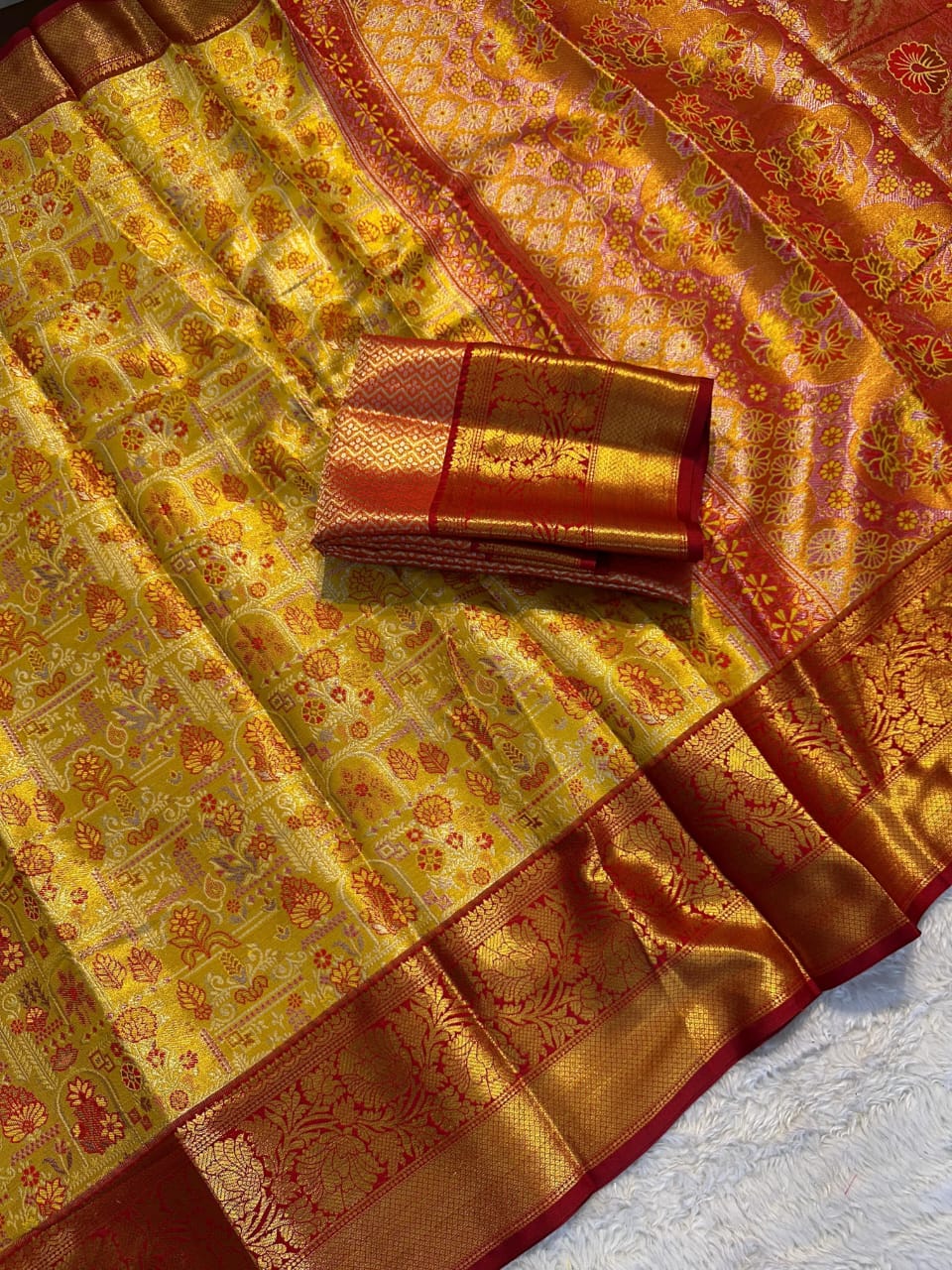 Temple Yellow Kanjivaram Silk Saree with Red Zari Border & Brocade Blouse