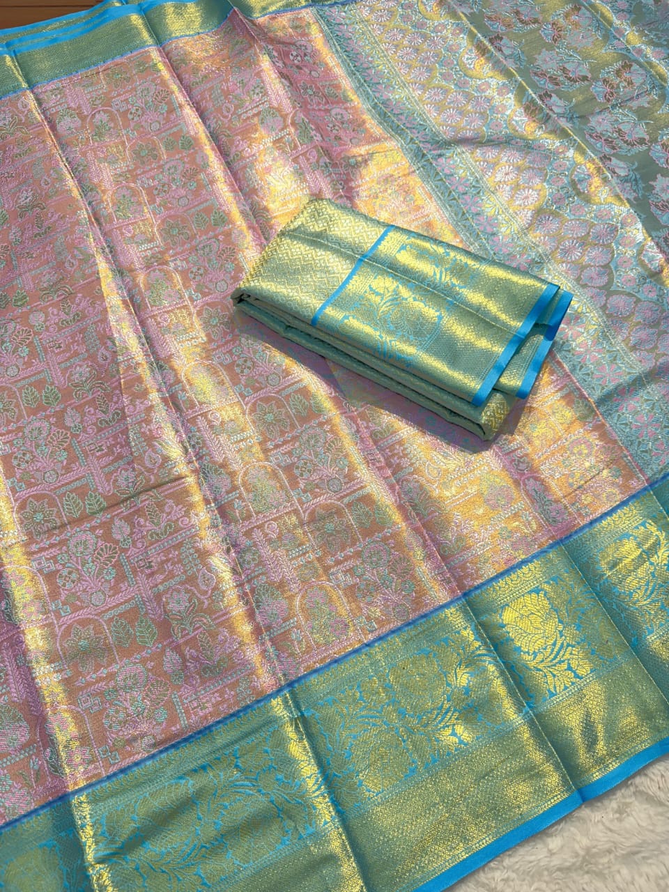 Bridal Charm Unveiled Peach Kanjivaram Silk Saree with Royal Blue Border & Brocade Blouse