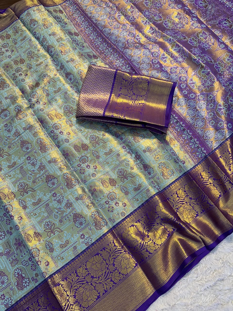 Elegant Bridal Edition Sky Blue Kanjivaram Silk Saree with Dark Blue Border & Brocade Blouse