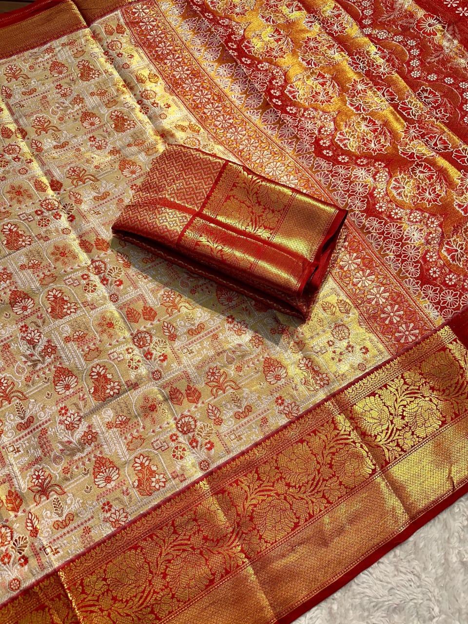 Fiery Red & Golden Yellow Kanjivaram Silk Saree with Brocade Blouse