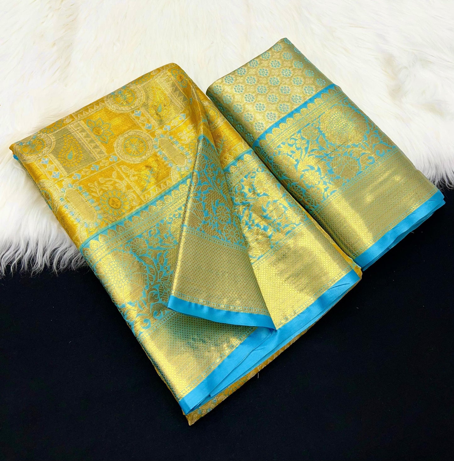 Rich Golden Yellow & Sky Blue Kanjivaram Silk Saree