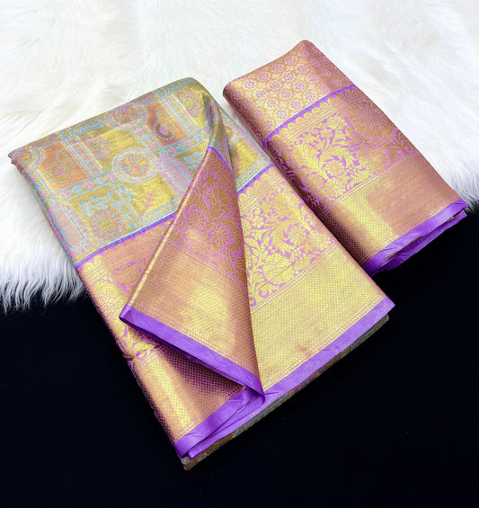 Elegant Lavender & Peach Kanjivaram Silk Saree