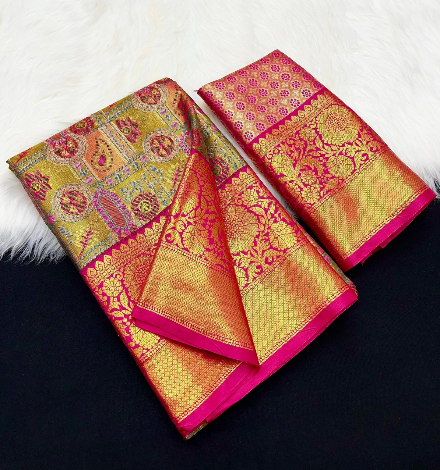 Hot Pink & Lime Green Kanjivaram Silk Saree with Brocade Blouse