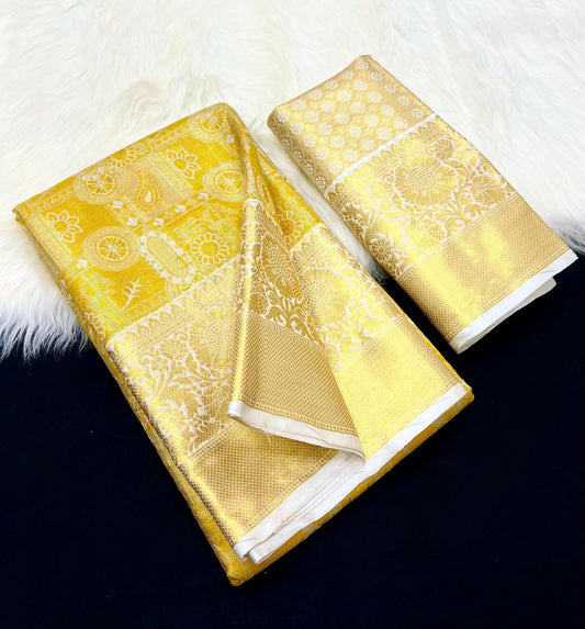 Golden Yellow & Silver Kanjivaram Silk Saree with Brocade Blouse