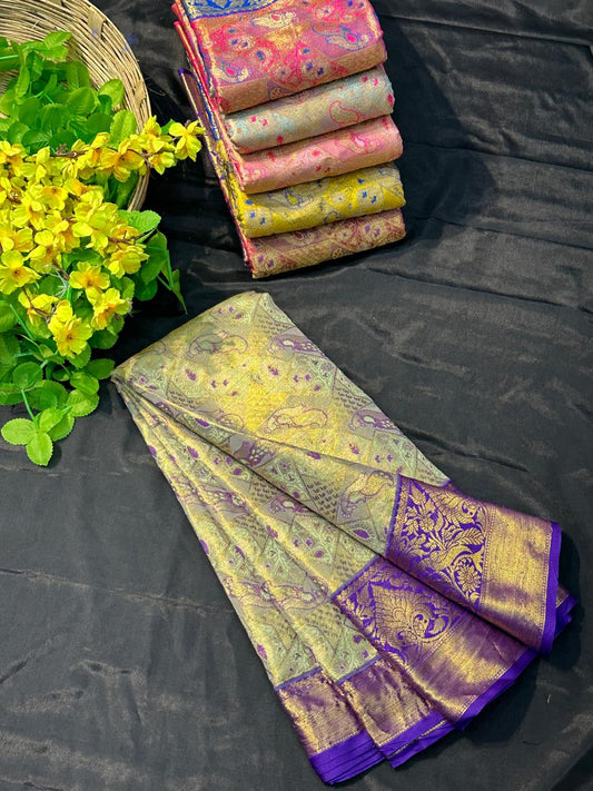 Lavender Green Kanjivaram Silk Saree with Peacock Motifs