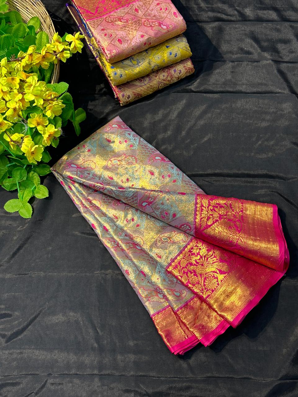 Copper Pink Kanjivaram Silk Saree with Silver Zari